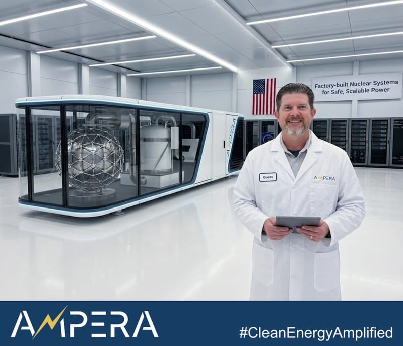 A man in an Ampera lab coat holding a tablet, standing in front of a factory-built modular nuclear reactor unit inside a clean facility, with a banner reading "Factory-built Nuclear Systems for Safe, Scalable Power" in the background