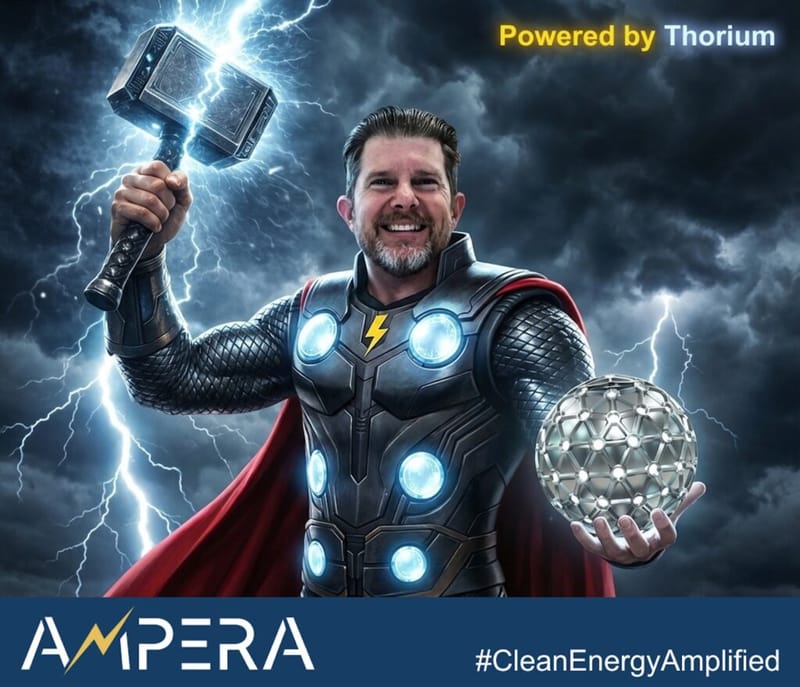 John W. Brandes in a Thor-inspired superhero costume holding a lightning hammer and a molecular model sphere, with the AMPERA logo, "Powered by Thorium," and "#CleanEnergyAmplified" text overlaid on a stormy lightning background